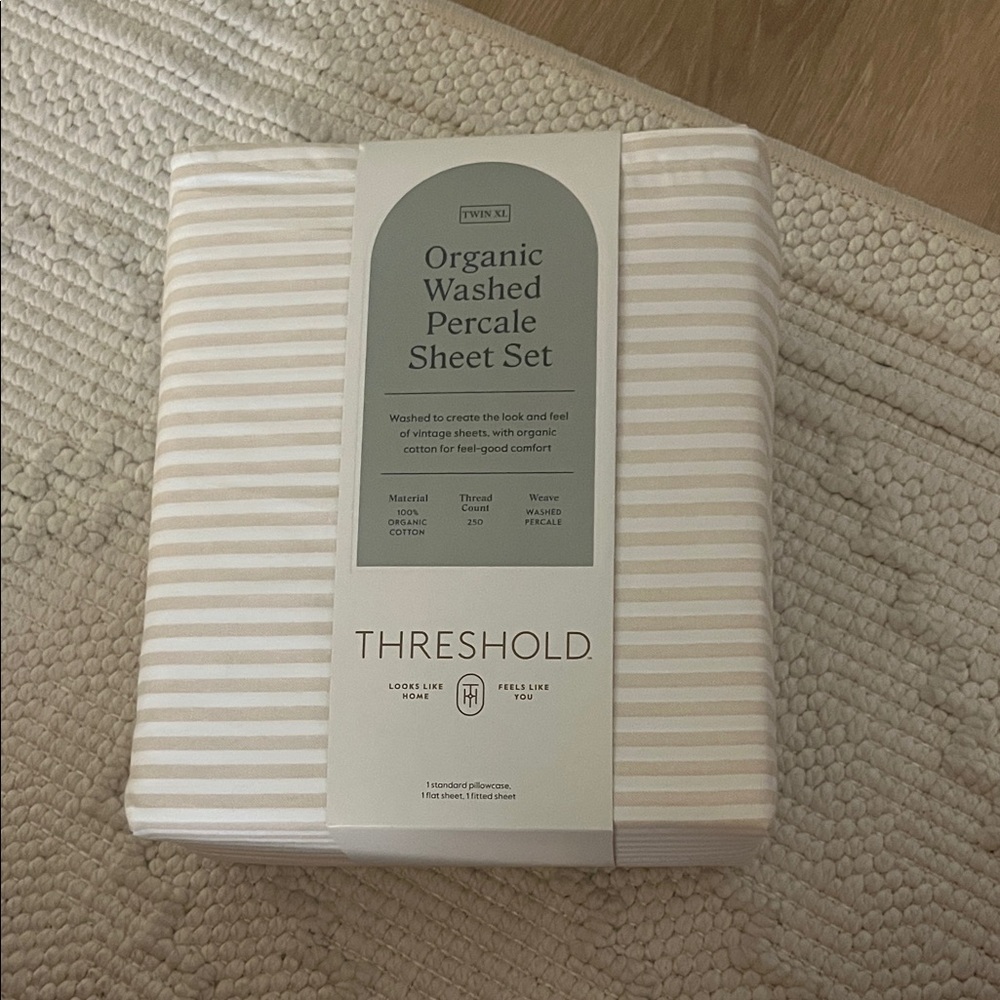 Target Twin XL Threshold Organic Washed Percale Sheet Set - Beige Stripes